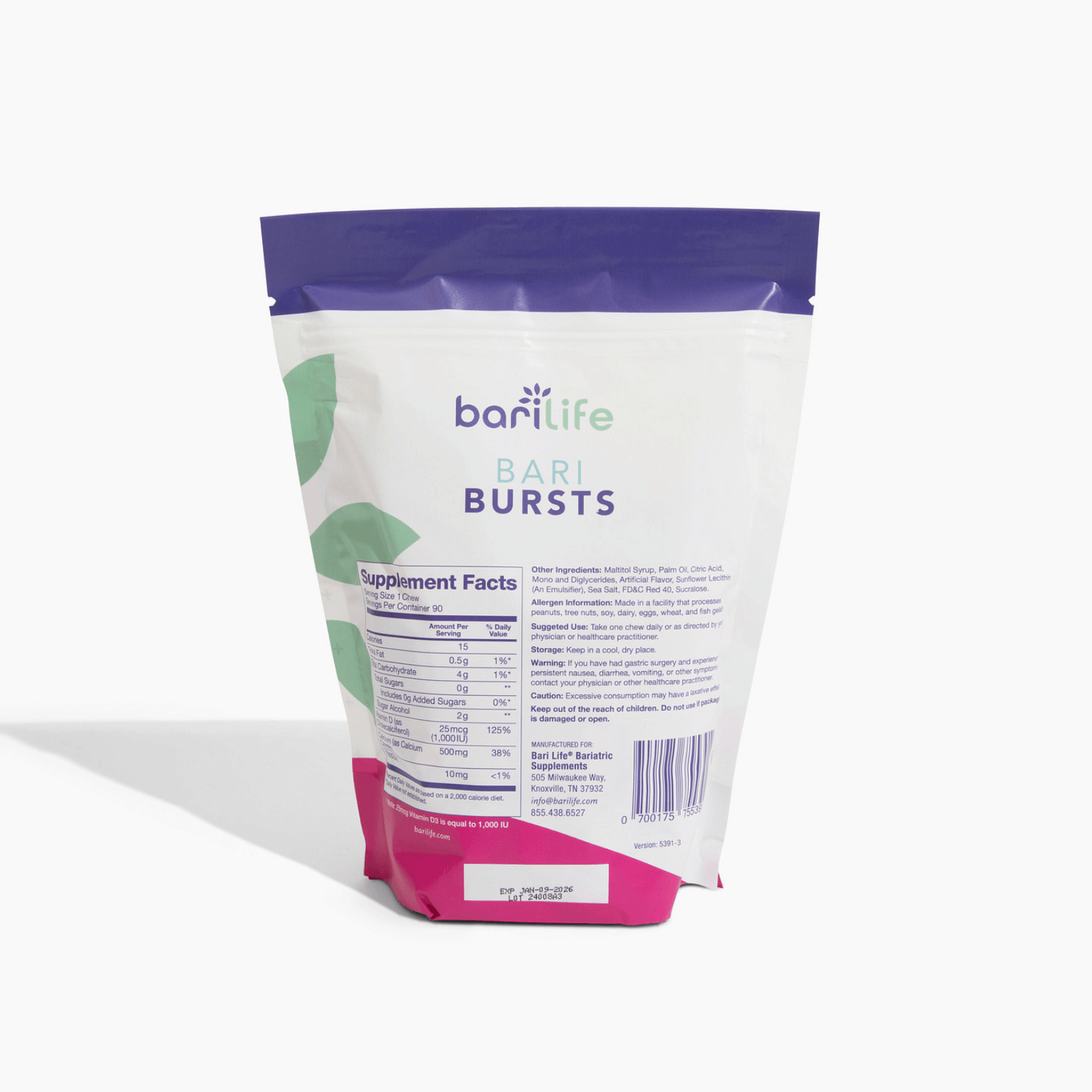 BariBurst Calcium Chews packaging featuring supplement facts and vibrant design for better absorption and taste.